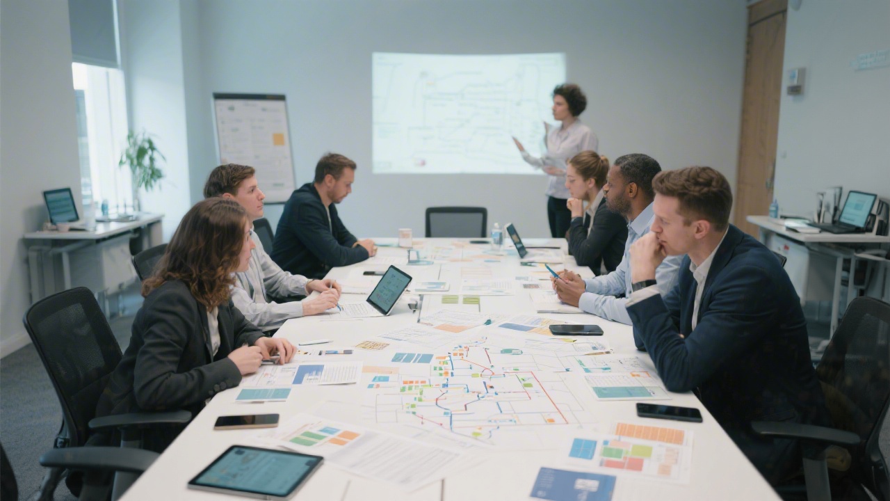 Professional workshop setting with participants focusing on a large table of printed workflow maps and digital devices in a modern training space