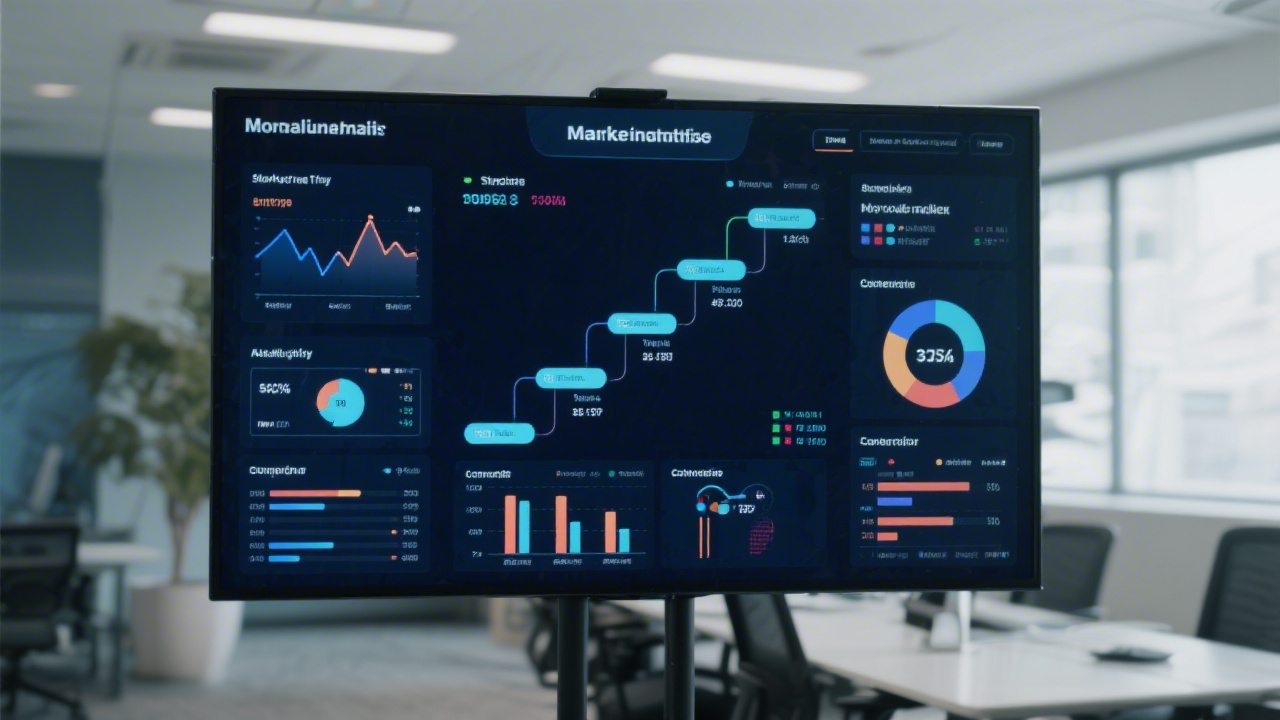 Analytics dashboard with structured marketing funnels, search traffic reports, and conversion metrics displayed on a large screen in a professional workspace