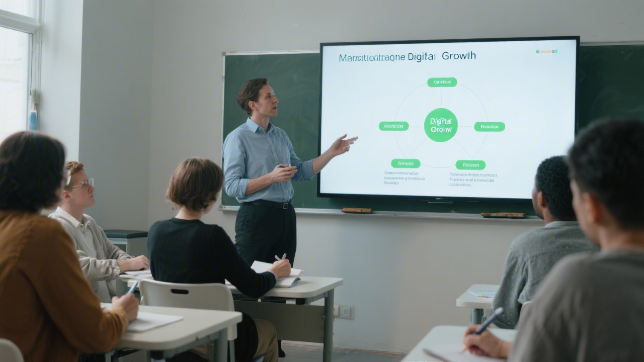 Classroom environment with a facilitator presenting a structured digital growth framework on a large screen while attendees take notes