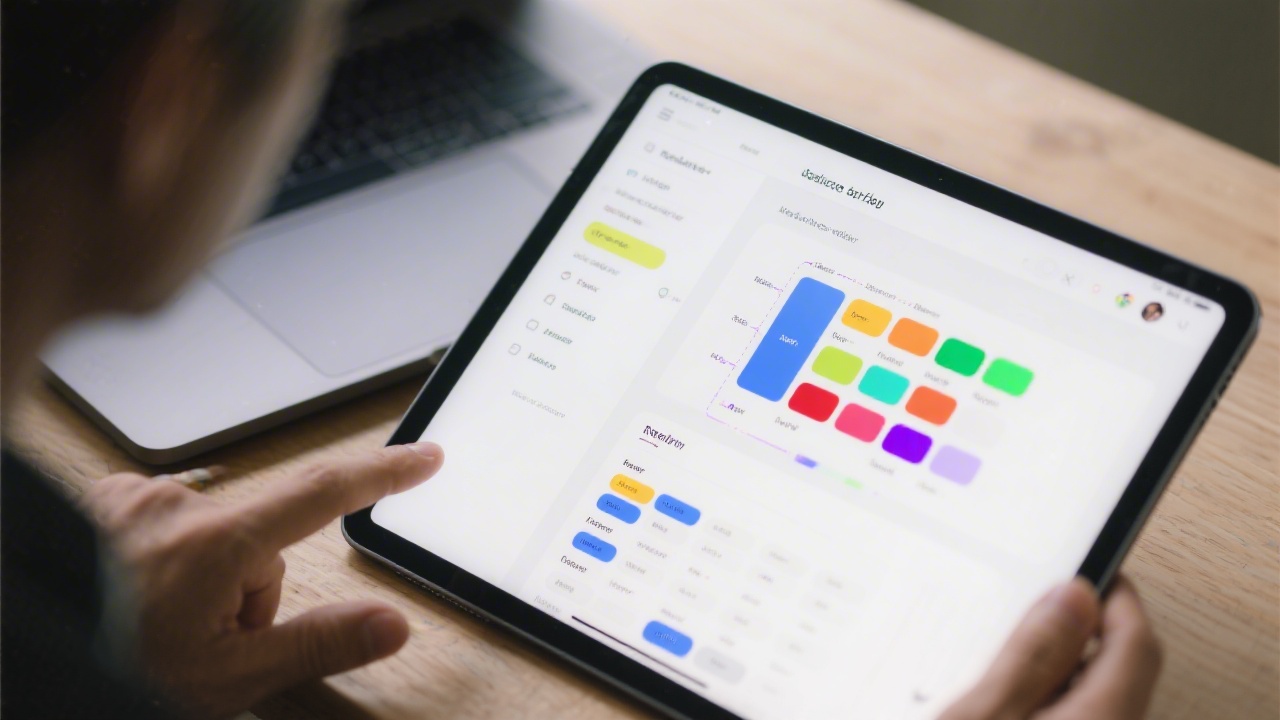 Close-up of a designer mapping a consistent UI component library on a tablet next to a laptop, showing clear typography and color system alignment