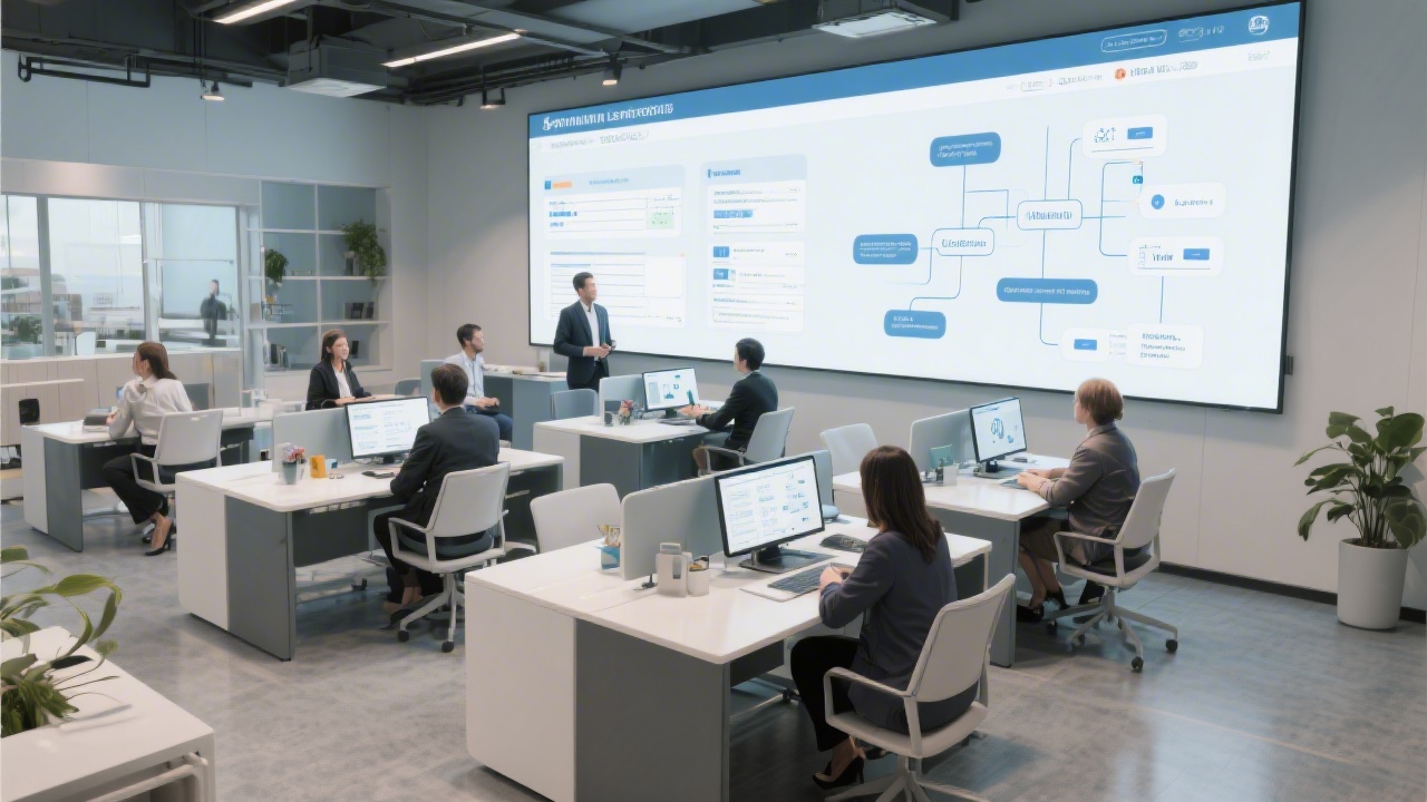 Modern Kuala Lumpur learning studio with modular workstations, large wall screens displaying web architecture diagrams, and professionals collaborating in a calm, premium environment