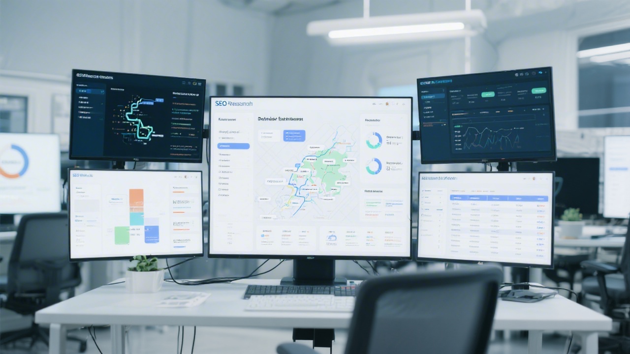SEO research lab scene with multiple screens displaying crawl diagnostics, keyword maps, and technical optimization checklists in a clean office
